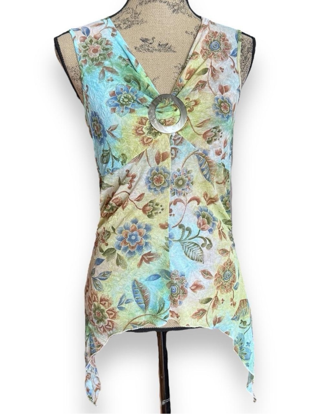 Y2K Floral V-Neck Sleeveless Tunic Top in Pastel Blue & Green Size S